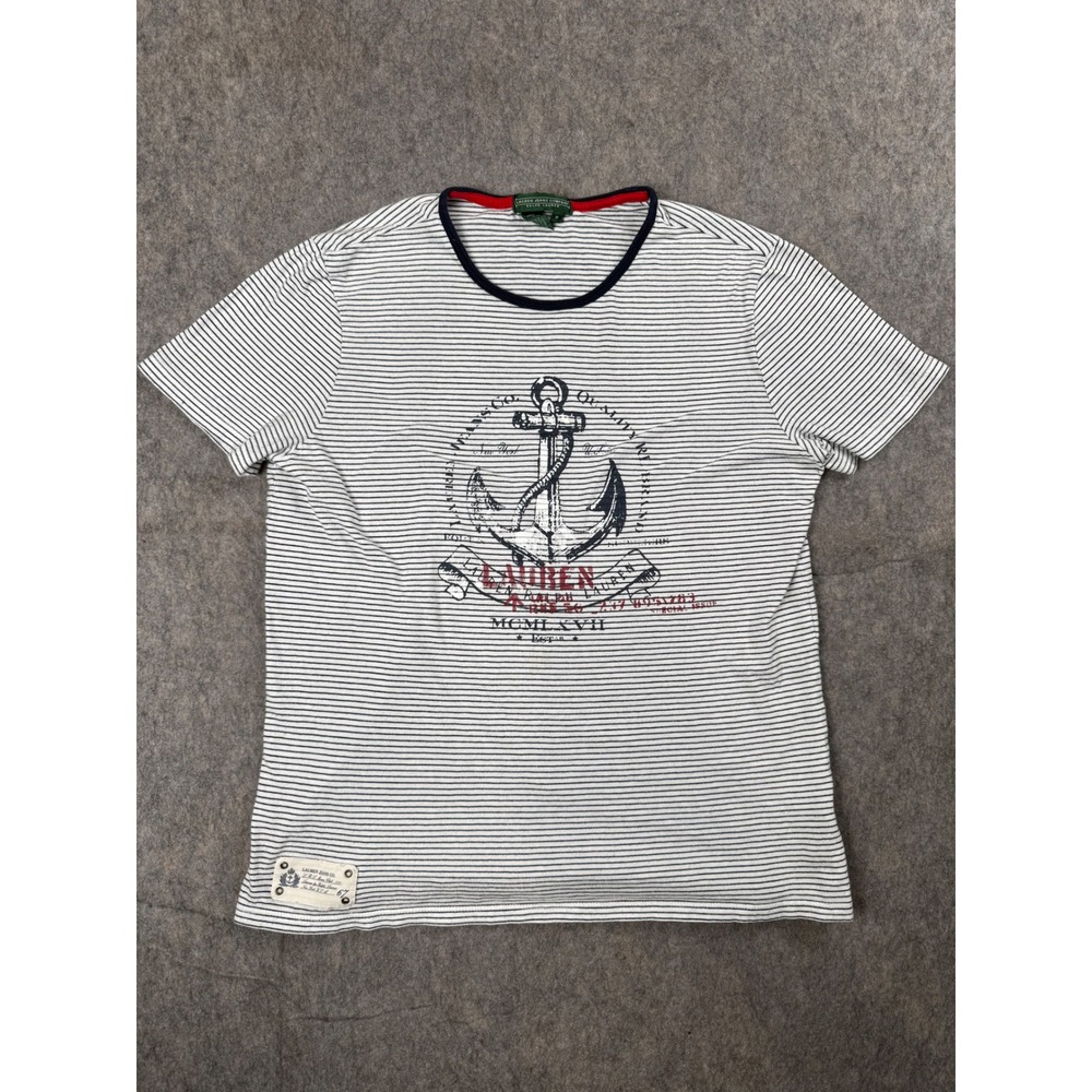 Lauren Ralph Lauren T Shirt Womens M‎ White Navy Cotton Stripe Anchor Nautical